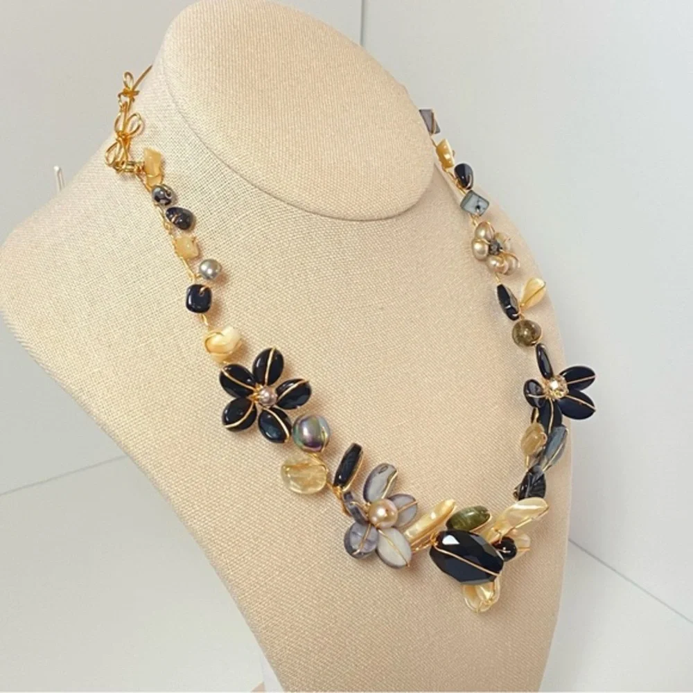 Abra Couture Handmade Natural Shell Beiges Gem Flower Collar GW Artisan Necklace